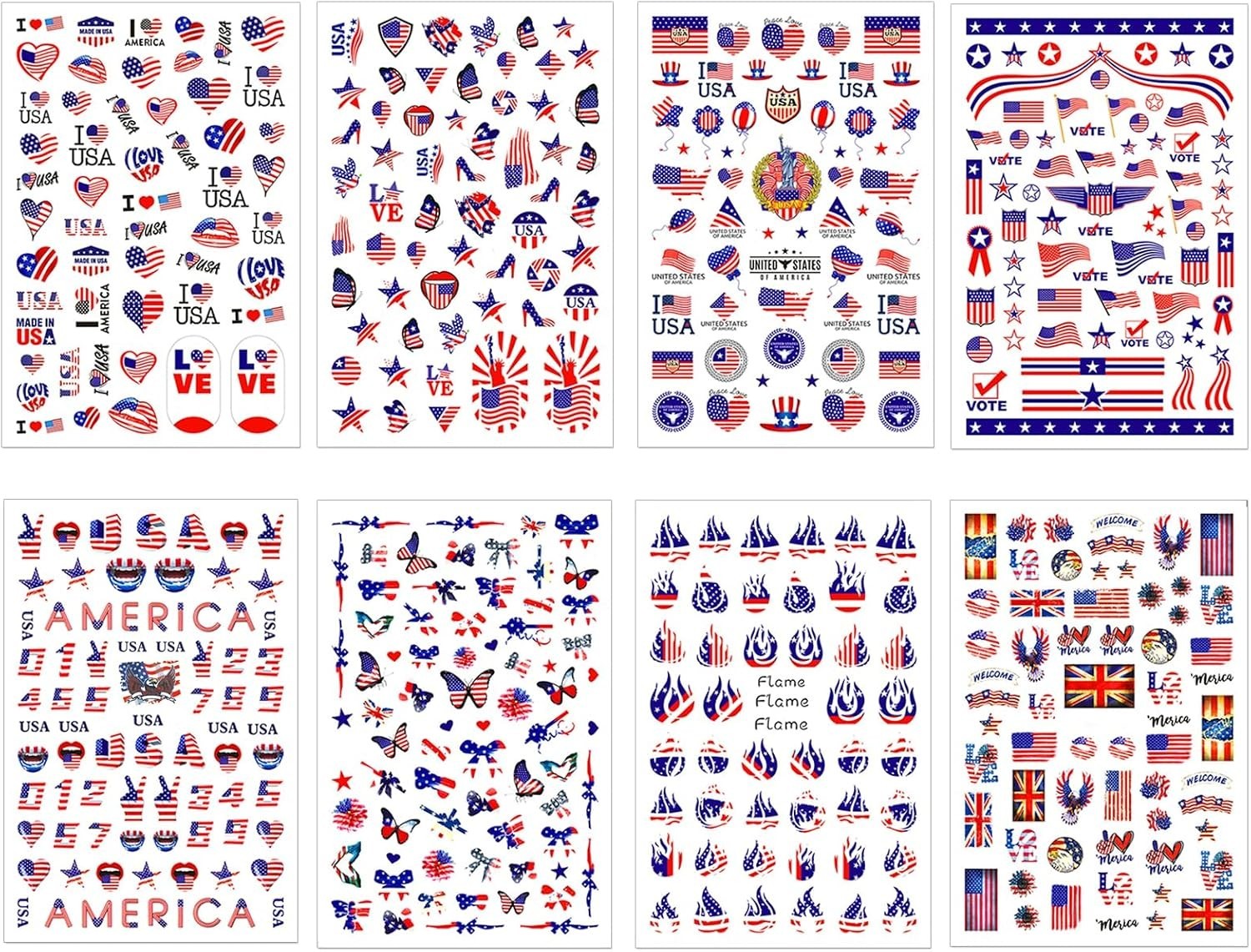 8 Sheets 4th of July Nail Stickers, Independence Day Patriotic Nail Decals, 3…