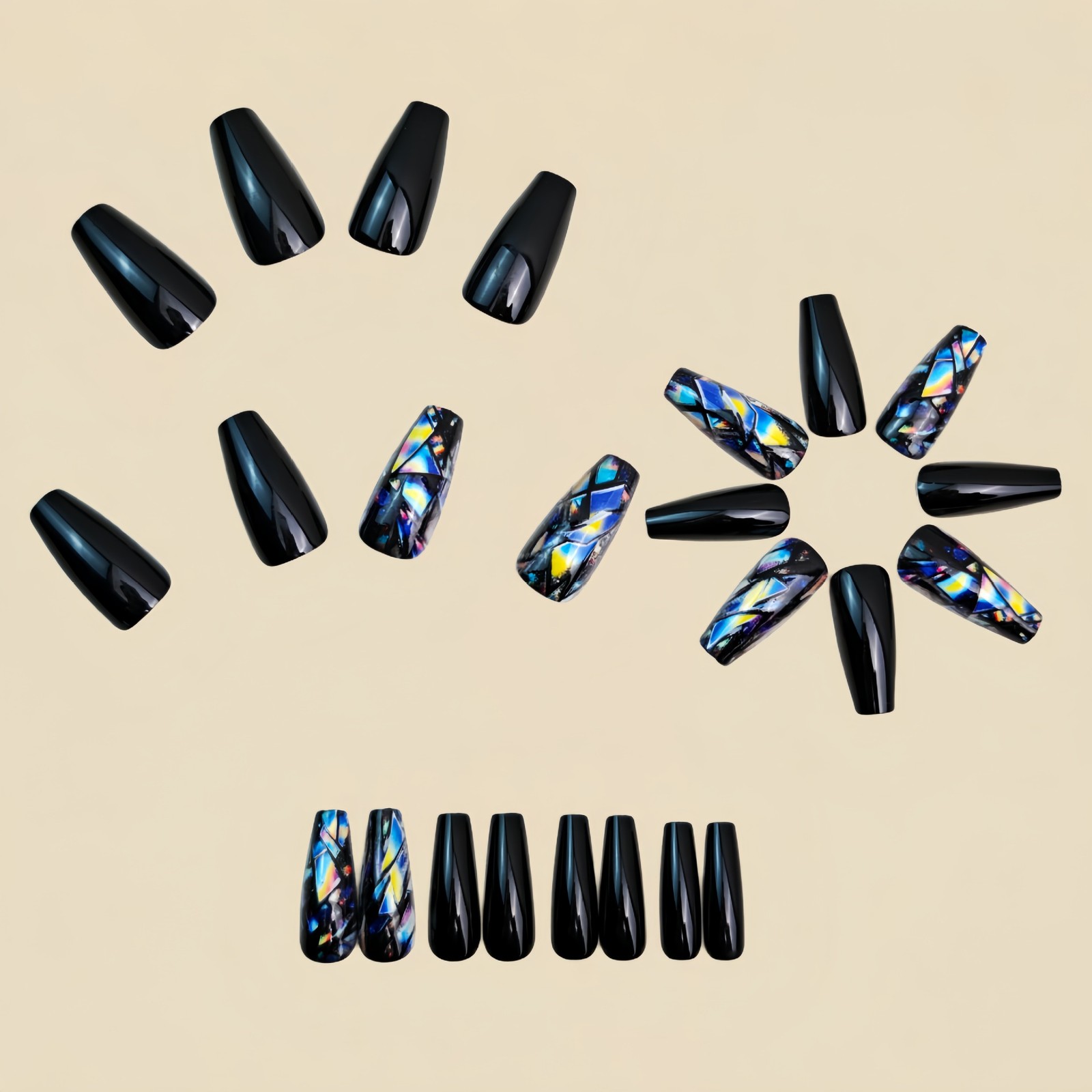 48Pcs Black Silver Press on Nails Iridescent Glitter Art Shiny Glam Fake Nails