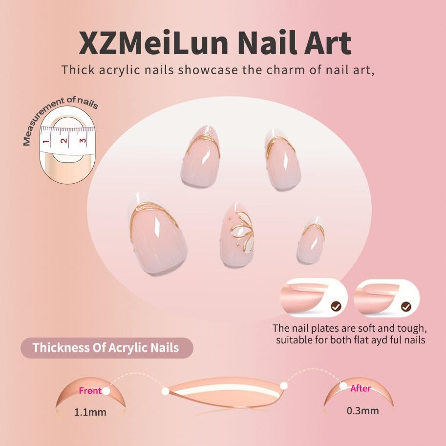 Pink French Tips Press On Nails Short 24 pieces (Pack of 1) 1889-Almond Flower