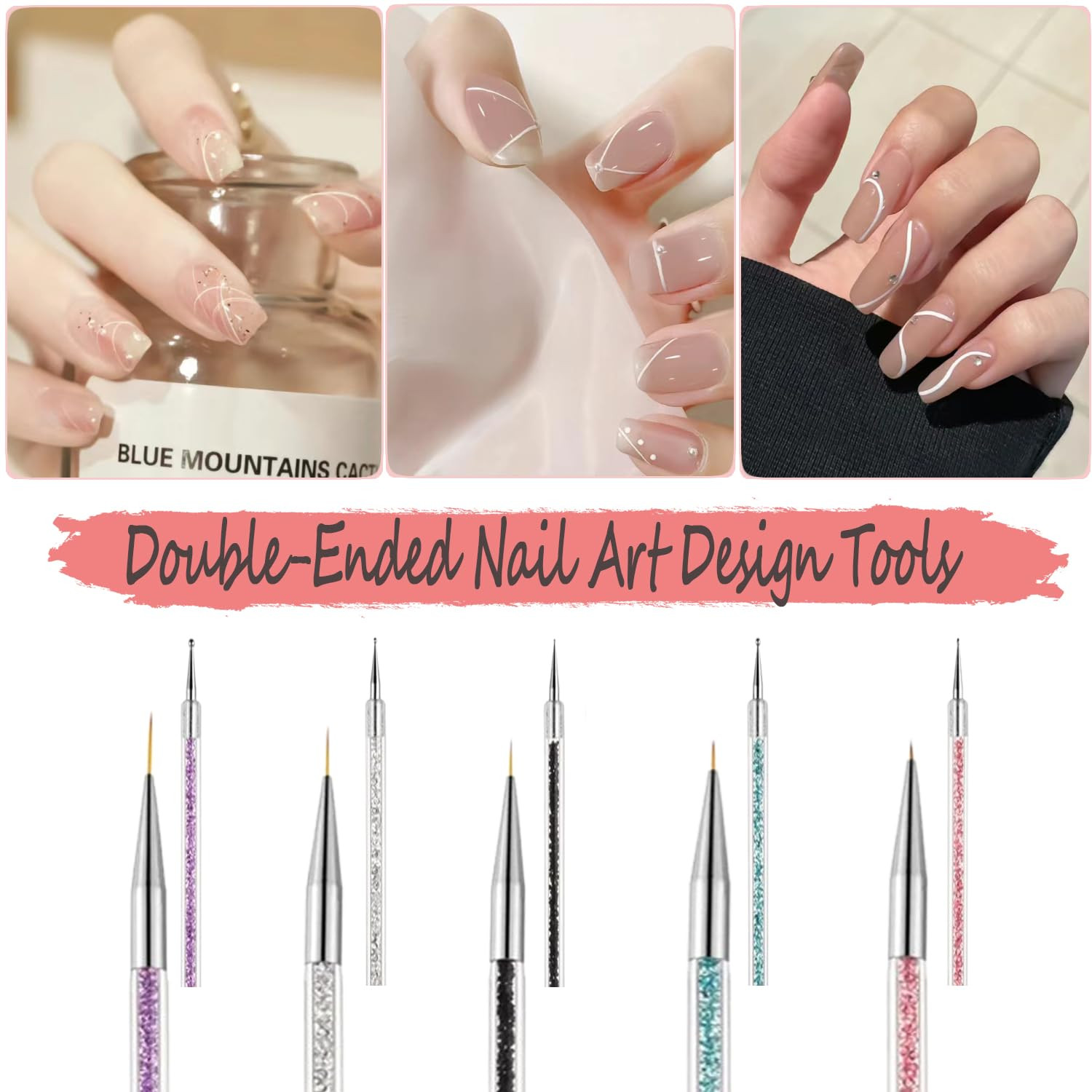 Nail Art Brushes, 5Pcs Double-Ended Acrylic Nail Brush Set with 5/7/10/12/15Mm N