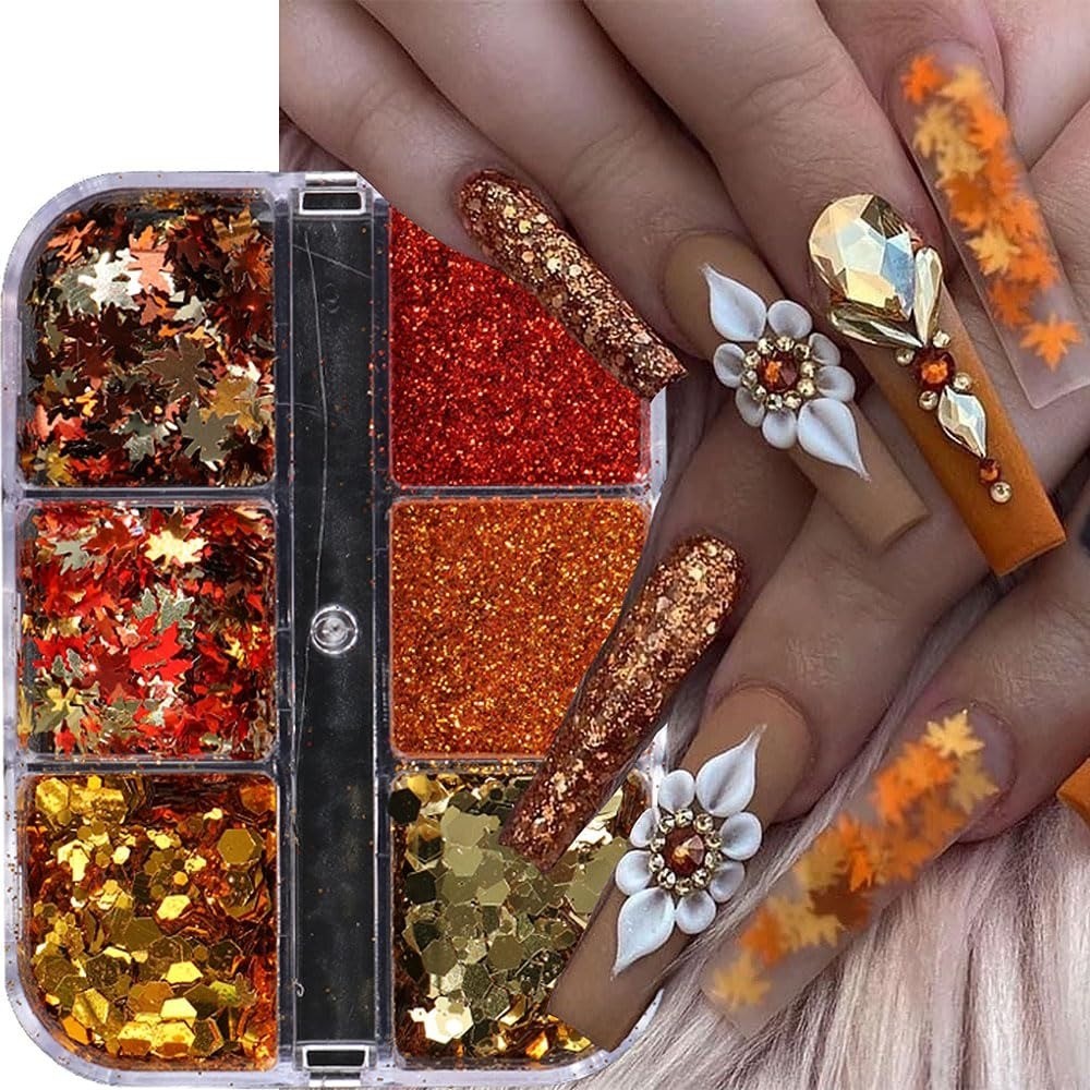 Fall Glitter Nail Art Sequins 6 Box Set Maple Leaf Gold Flakes 3D Decor