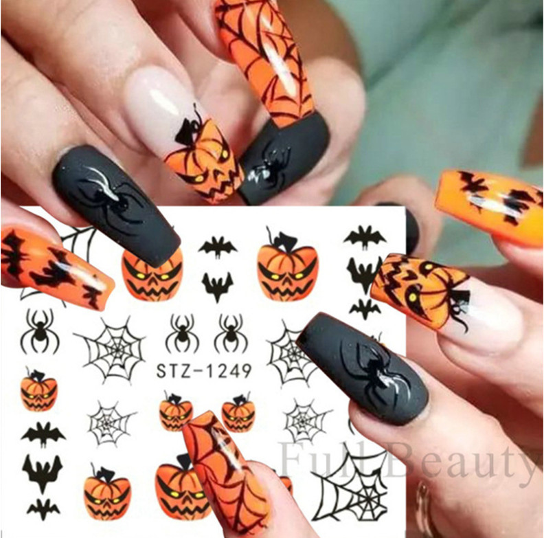 Halloween Nail Art Stickers Water Transfer Decals Ghost Pumpkin Skull Web NH23