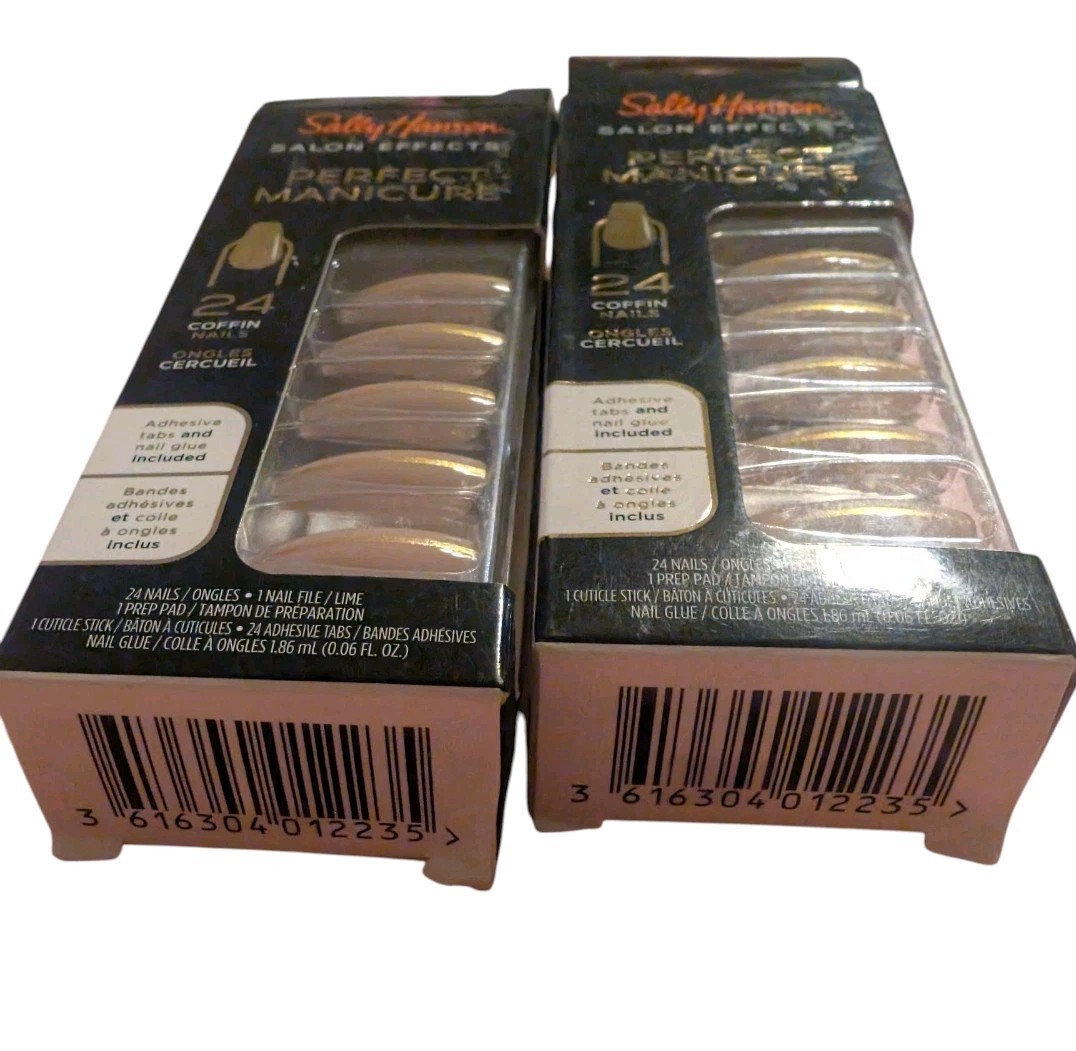 Lot 2 Sally Hansen Press On Coffin Nails Nude Gold Stripe Meet Me in the Metal