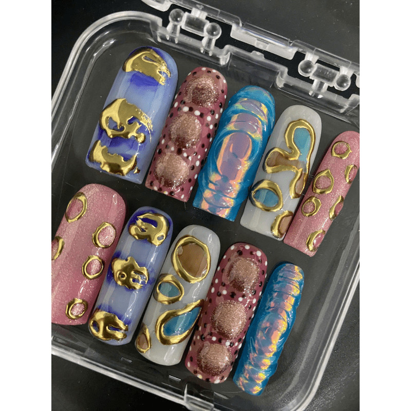 Pink Gold Handmade Press on Nails Dot Swirl Iridescent Cat Eye Fake Nails