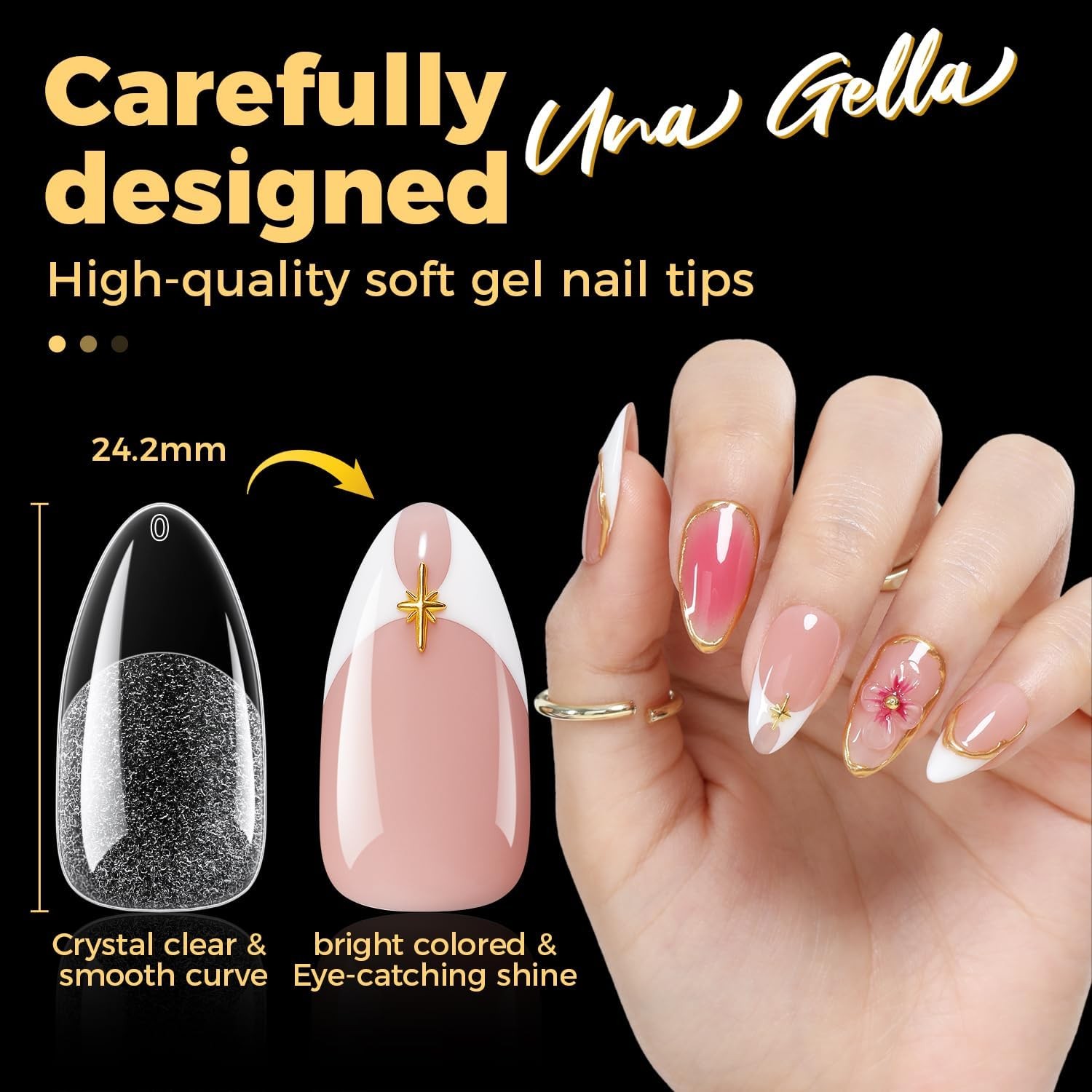 Una Gella 600 Pcs Almond Gel Nail Tips Pre Etched Medium Almond Nail Tips 12
