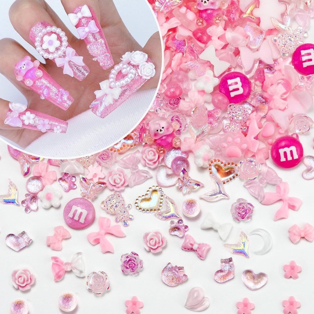 Pink 3D Nail Charms Flatback Assorted Mix 320PCS Resin Nail Art Decorations Cute