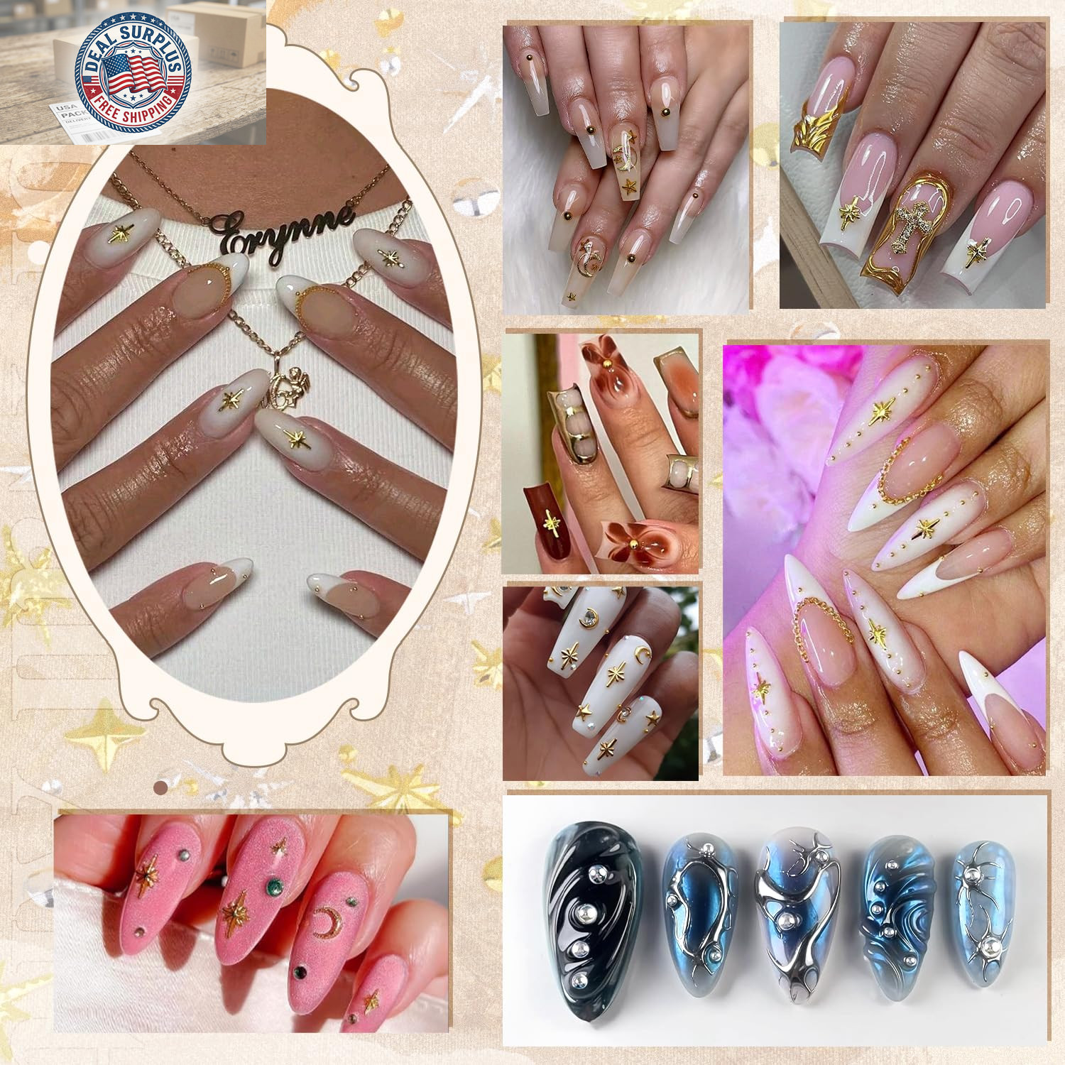 660Pcs 3D Star Nail Charms, Gold & Silver Multi-Shapes Metallic Nail Art Gems,Be