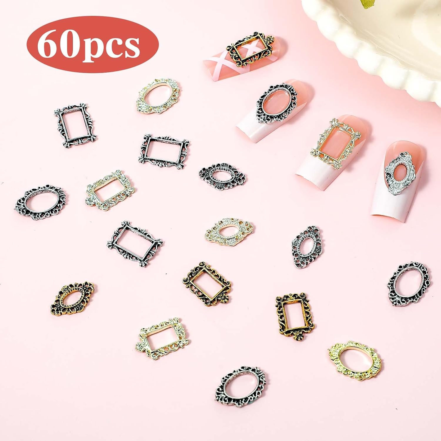 60 PCS Gothic Nail Charms Frame Punk Metal 3D Nail Art Charms Engraved Nails Fra
