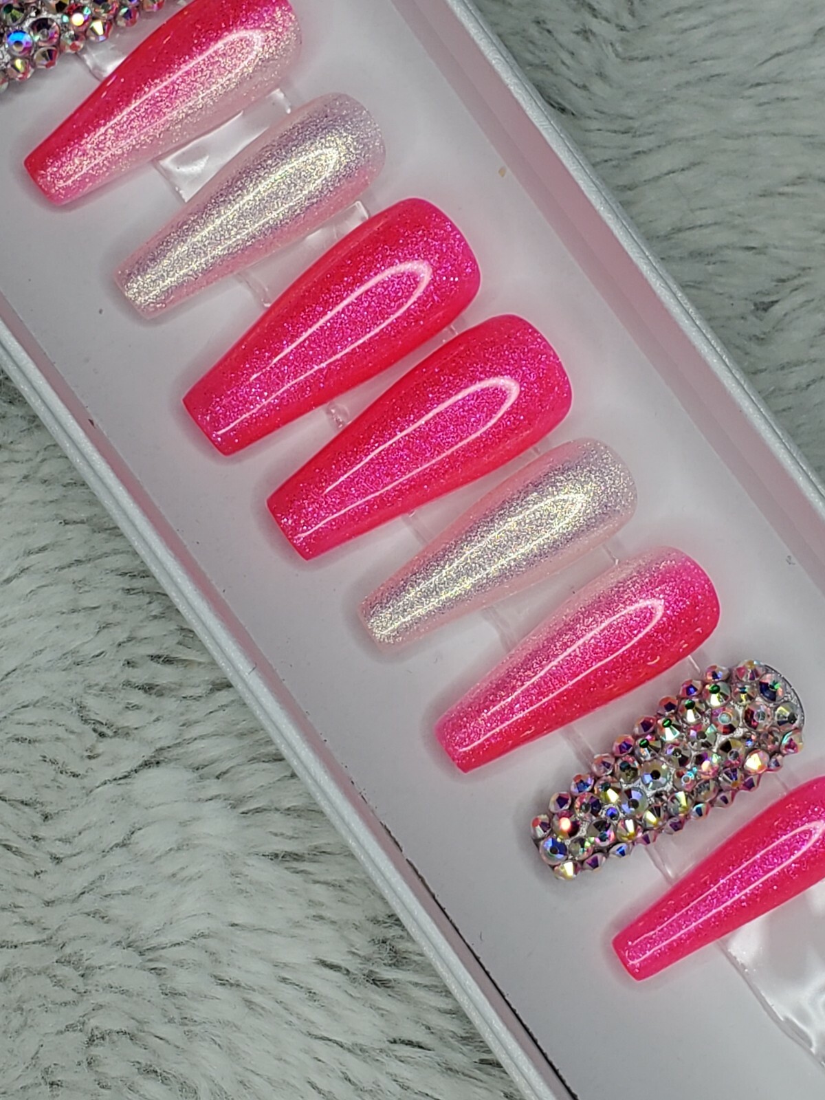 Neon hot pink Bling glitter long ballerina diamond press on nails barbie ombre