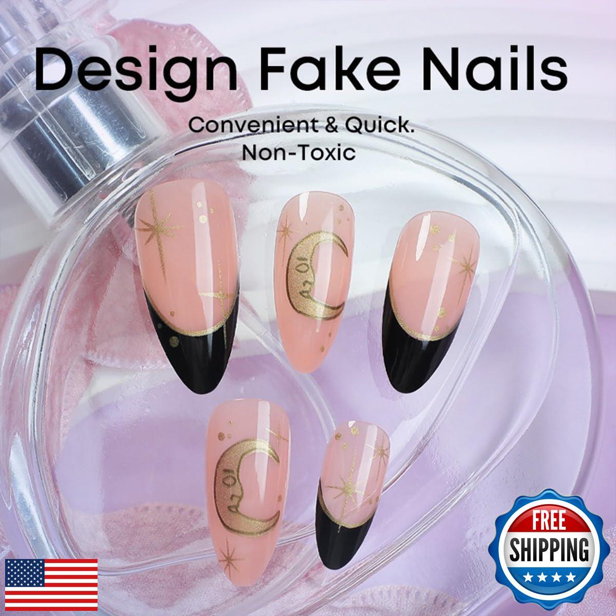 24Pcs Black French Tip Press on Nails Medium Almond Fake Nails with Stars Moon