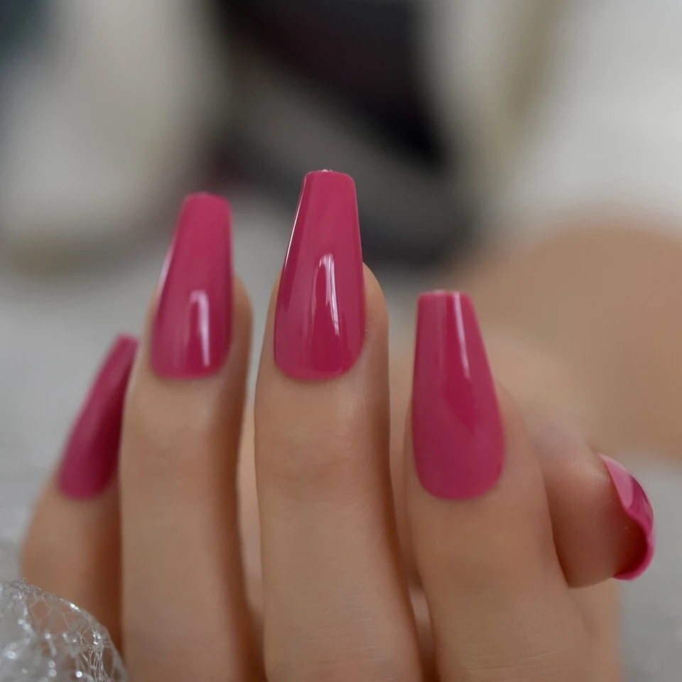 24 Press on nails kit w glue Long Rose Pink dark