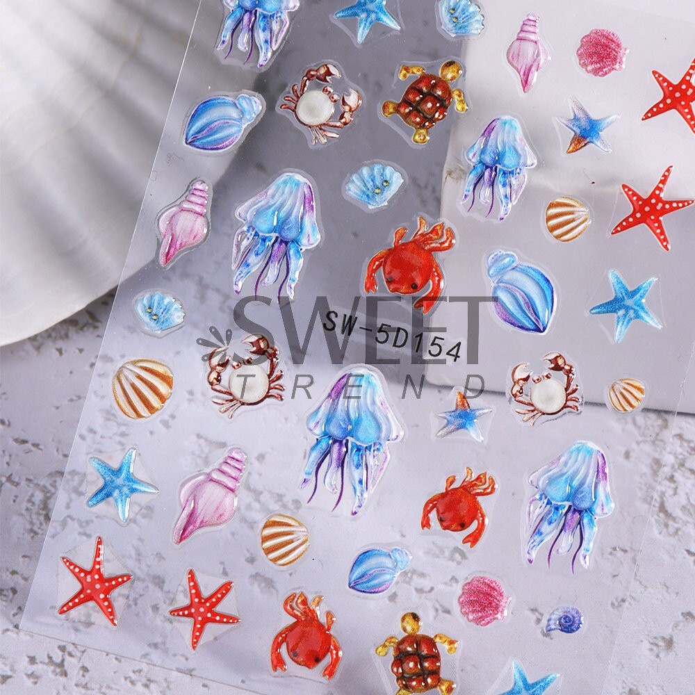 Summer Ocean Dolphin Shell Star Footprint Stickers 5D Embossed Nail Art Decals