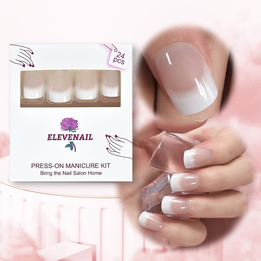 Daily Natural Nude white Press on French Nails Short Squoval Fake Clear White