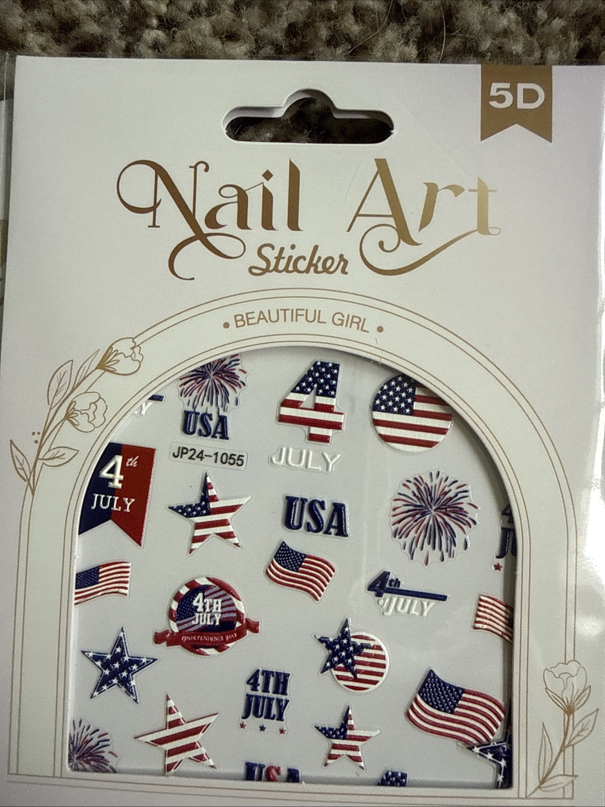 Nbntgh Red, White, Blue 5D Nail Stickers 4 Sheets