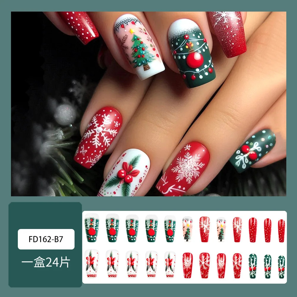 2026 Christmas Red Snow Deer Long Press On Nails