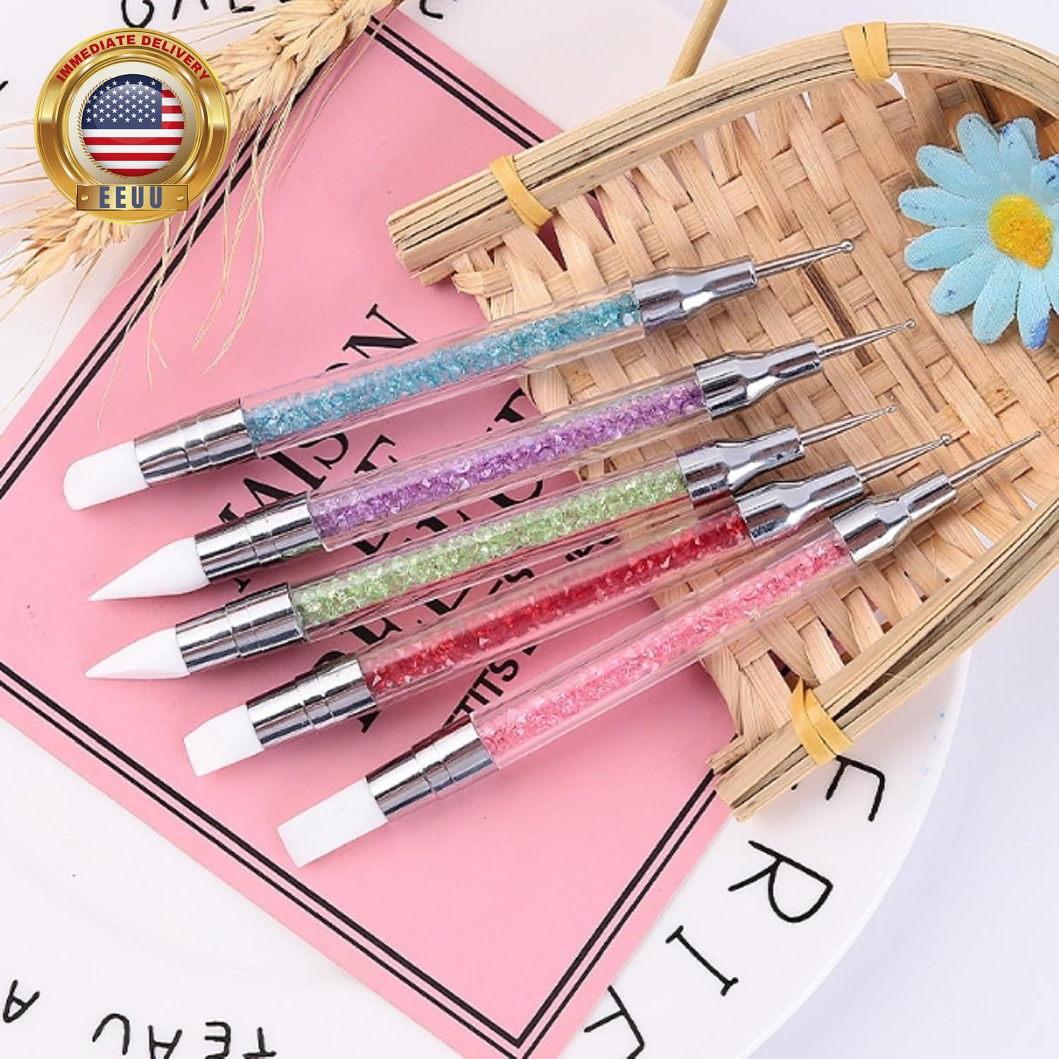 5PCS Double Ended Silicone Nail Polish Brushes with Steel Carving Drawing Dottin