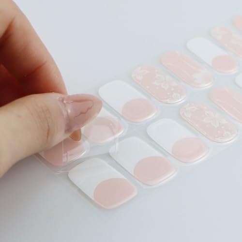 Gel Nail Stickers French Tip White Flower Semi Cured Gel Nail Strips Wraps