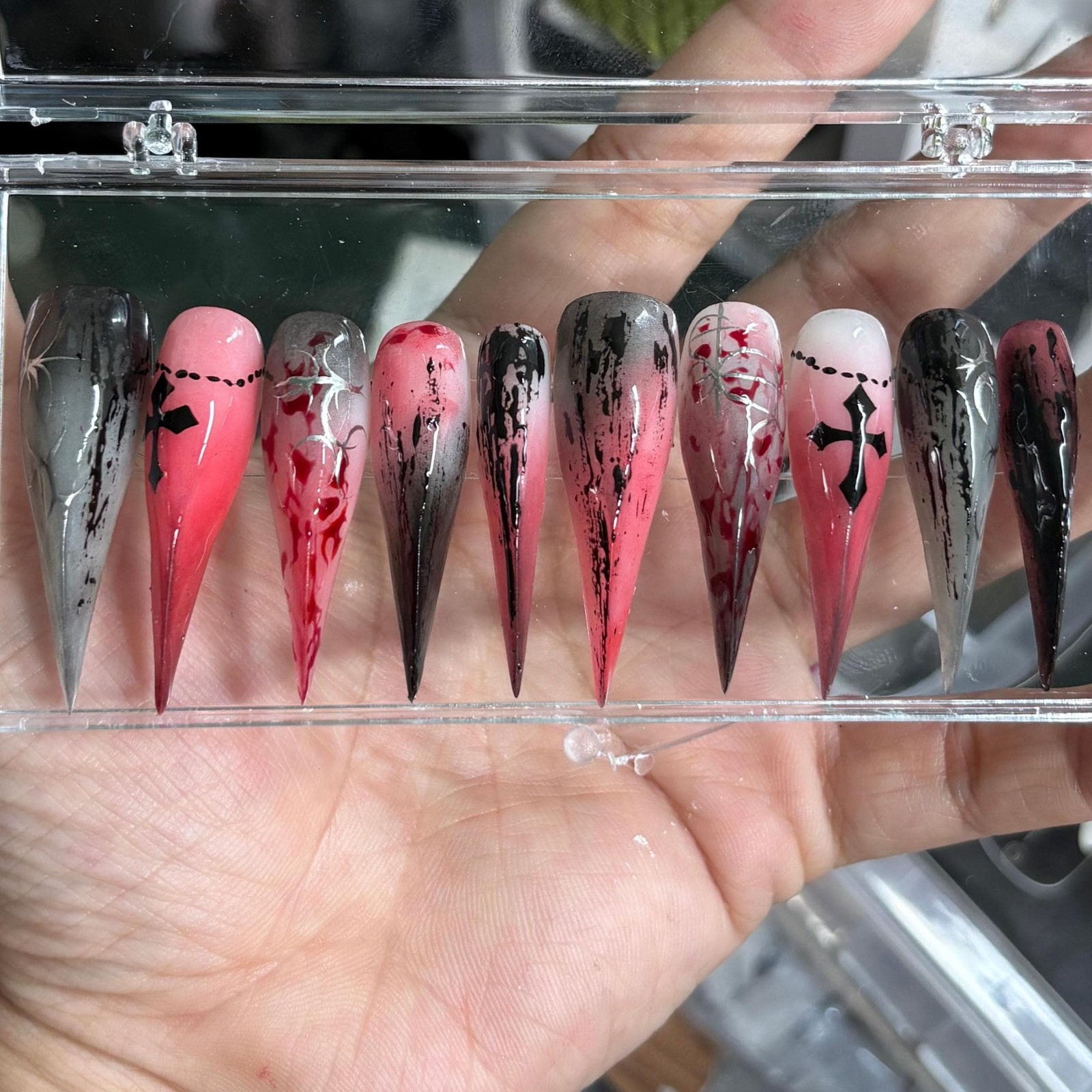 Custom Handmade Halloween Gothic Blood Splash Cross Stiletto Press on Nails