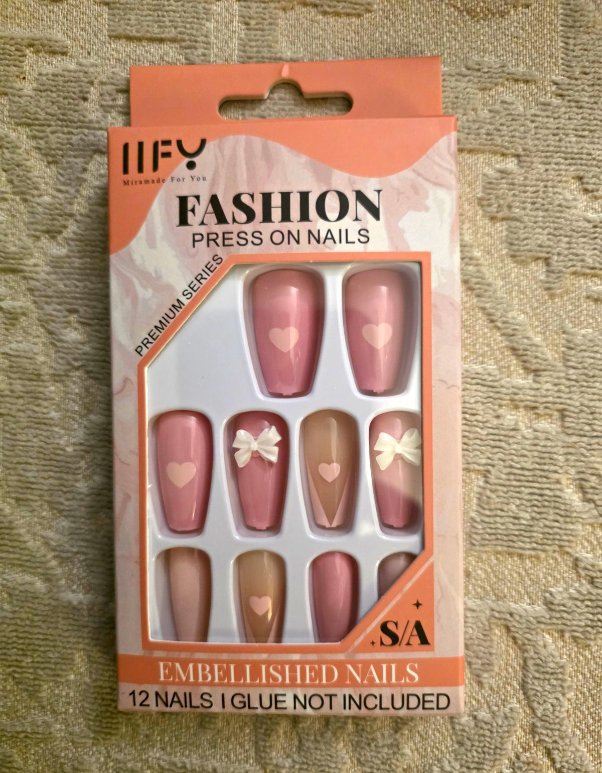 Mira Beauty Press-On Nails Long Coffin Pink Nude Heart 3D Full Cover Set