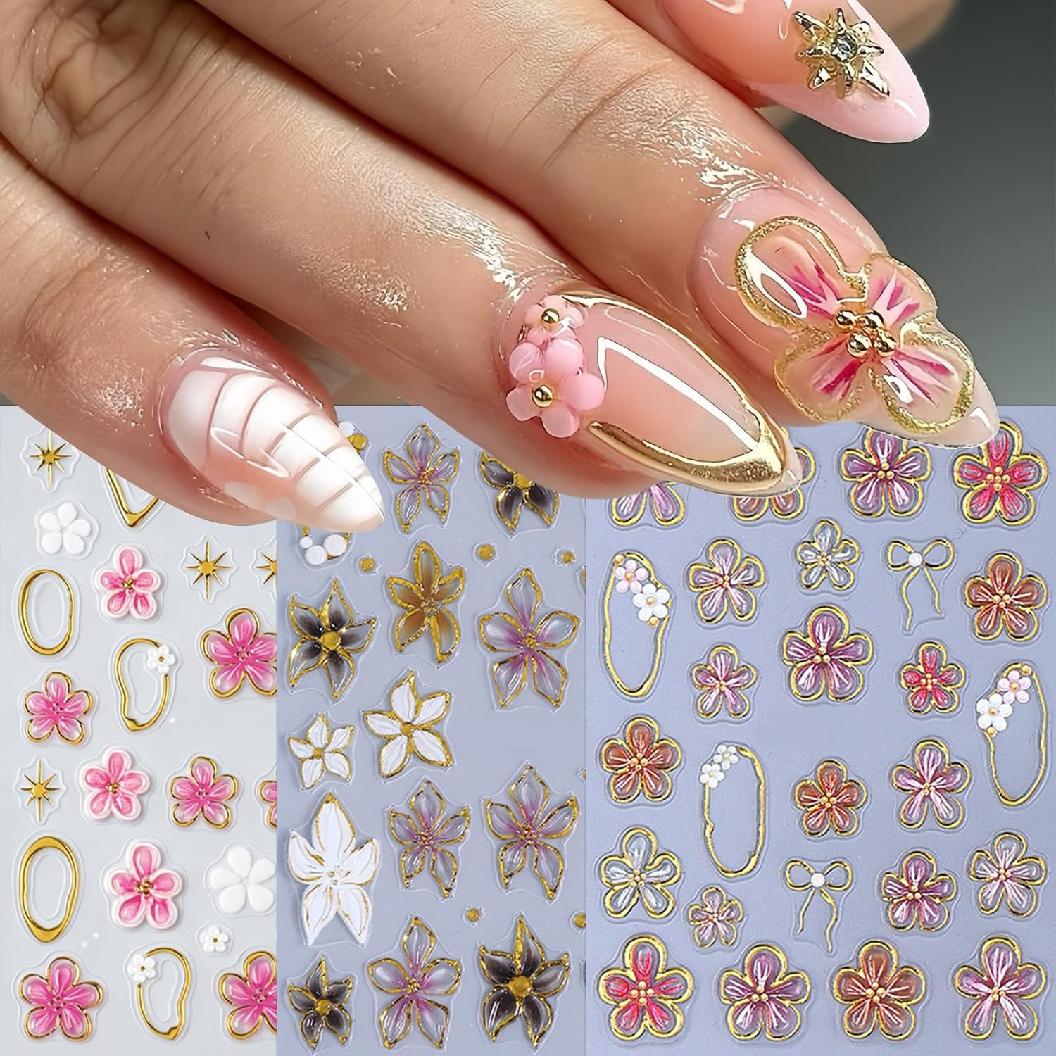 3 Sheets Flower Nail Stickers 5D Embossed Lily Flower Stickers for Nails Hibiscu