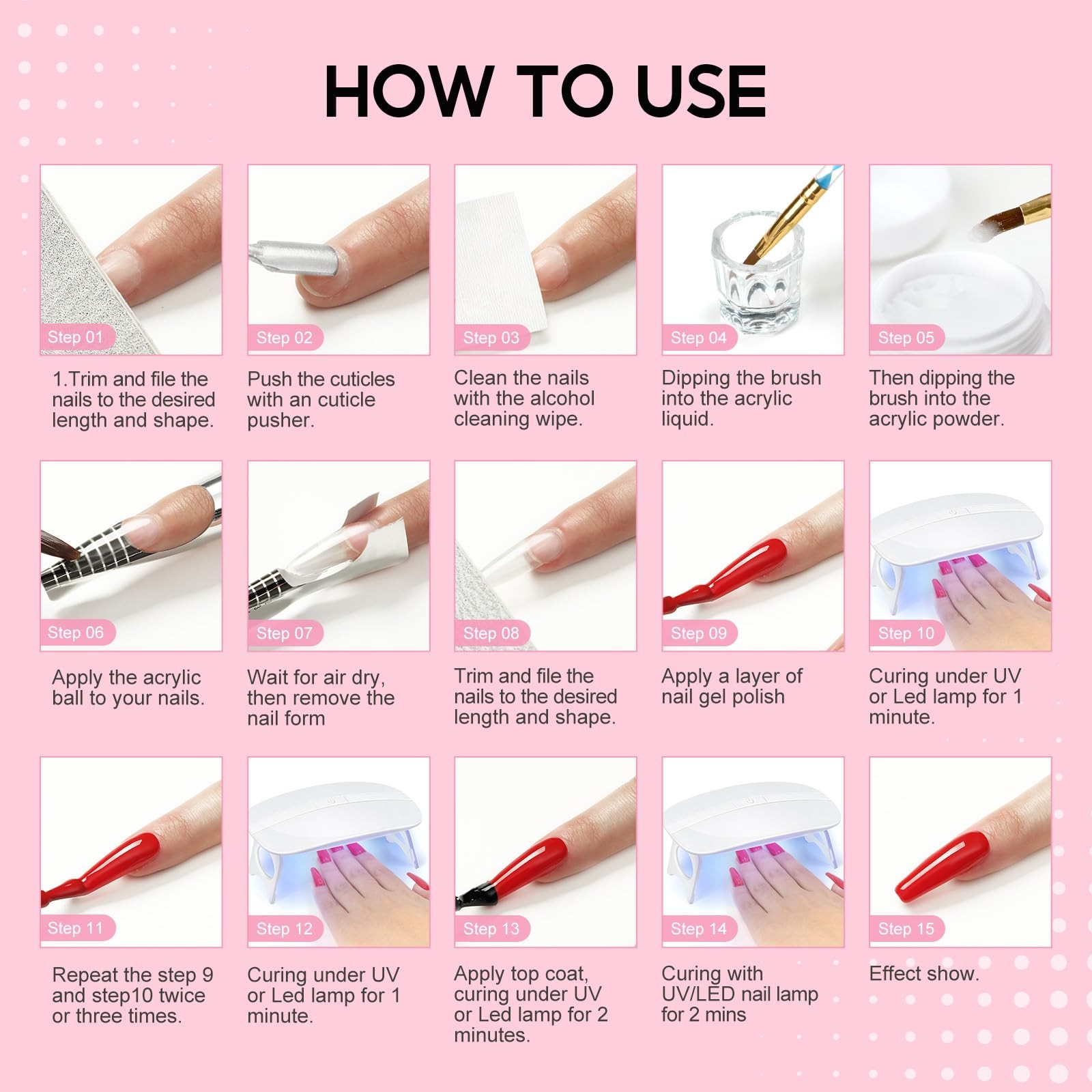 Acrylic Nail Kit 3pcs Acrylic Powder 6pcs Gel Polish Nail Drill UV Lamp