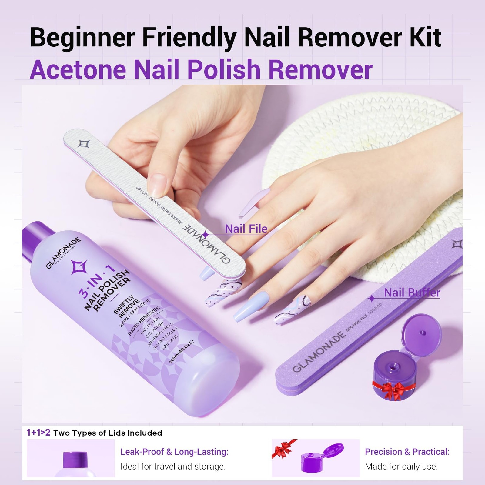 Glamonade Acetone Nail Polish Remover Kit: A4-8Oz+Nail File+Buffer, Purple