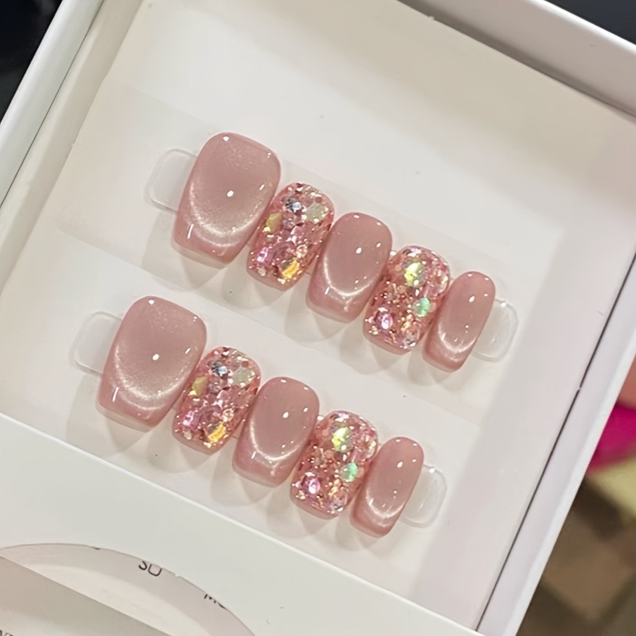 Handmade Press On Nails 10pc Pink Glitter Cat-Eye Design Oval Short Shape Glossy