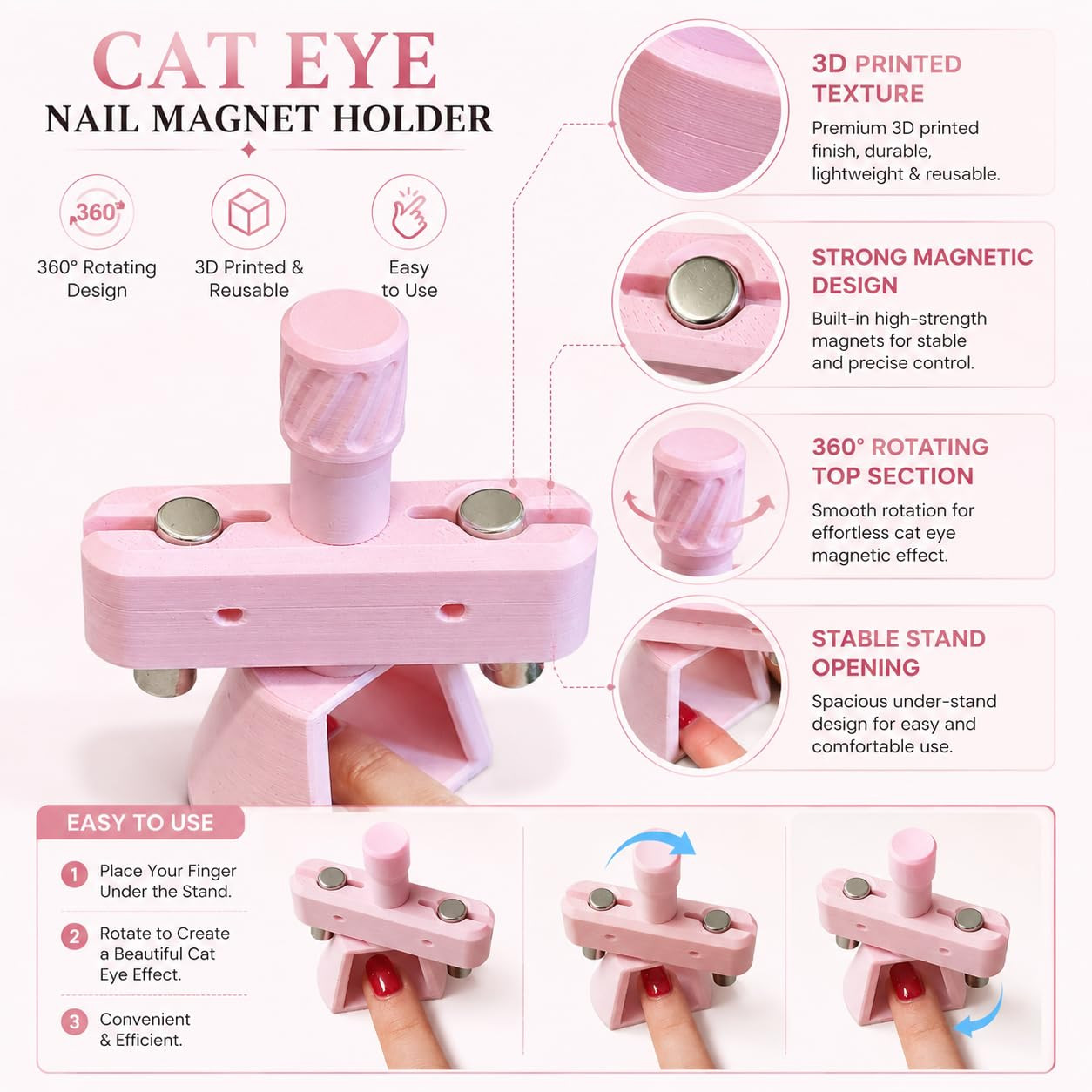 Automatic Cat Eye Magnet for Nails, Cat Eye Nail Magnet Holder with 2 Magnets, 3