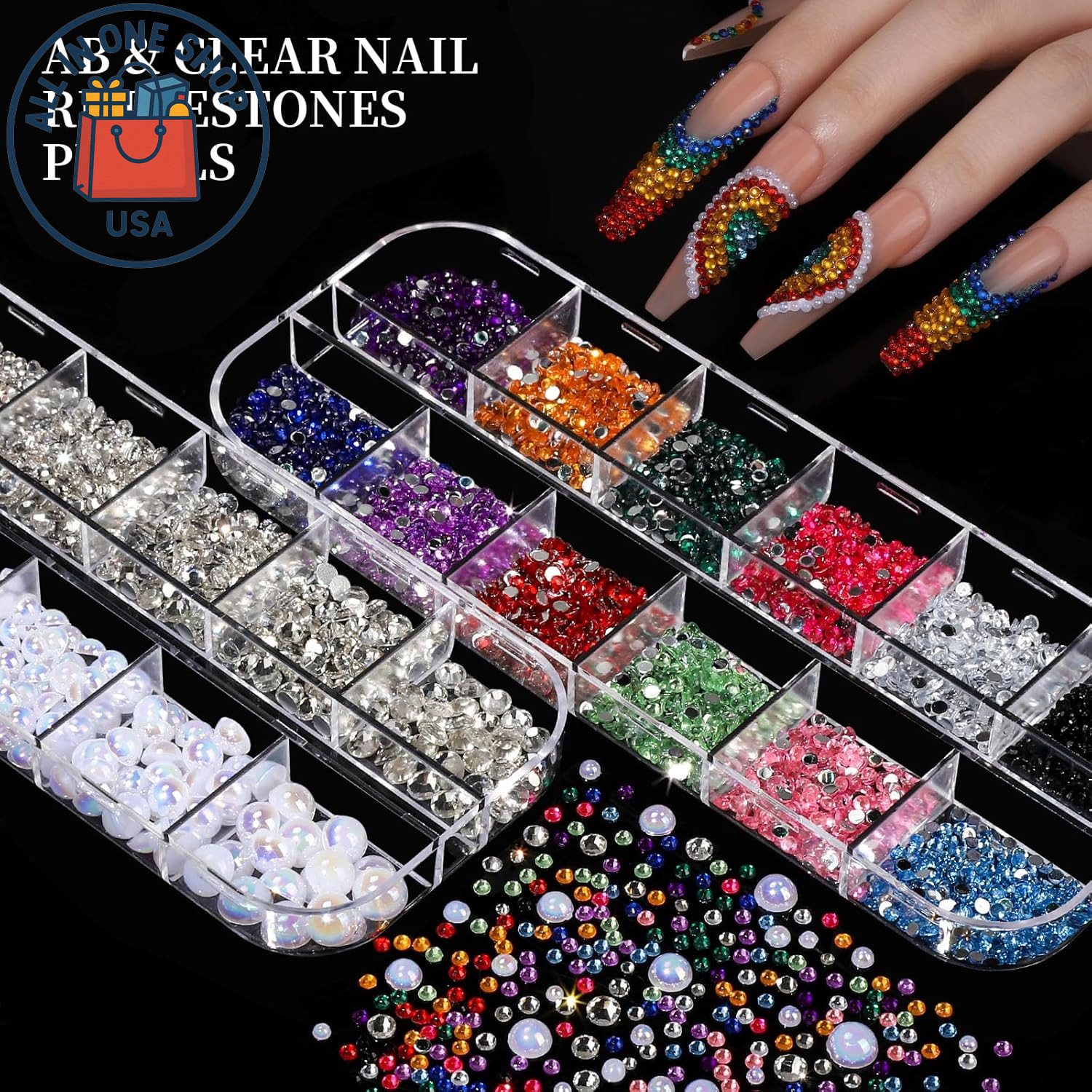Nail Charms and Rhinestones Kit with 8 Boxes of Colorful Gems