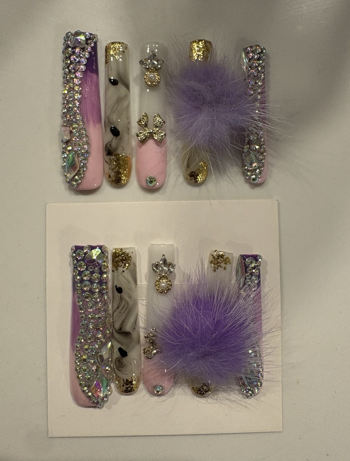 Long Square Full Cover Press-On Nails, 3D Rhinestone Purple Pink White Gold