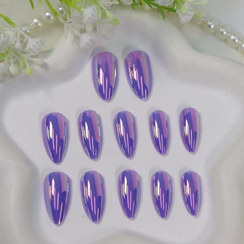 Almond Press on Nails Medium Fake Nails with Glossy Nails Chrome Aurora Designs