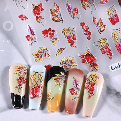 Autumn Nail Art Stickers Fall Leaves Pumpkin Decals 3D Self 09.fall Leaves