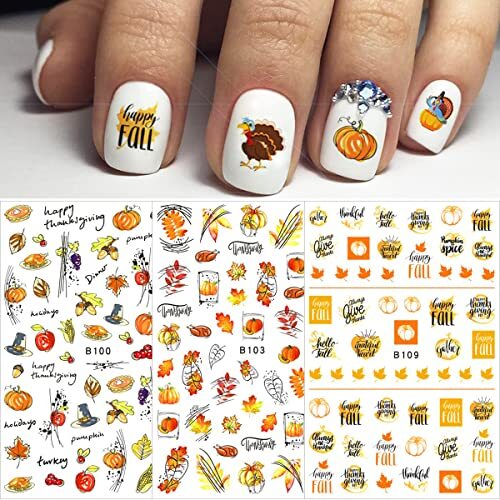 12 Sheets Fall Nail Art Stickers 3D Autumn Leaves Nail Decals Self-Adhesive A2