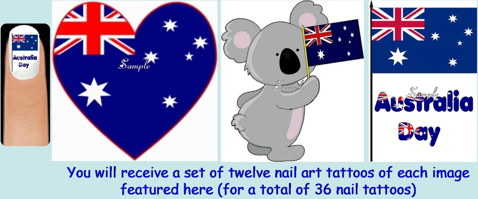 36x AUSTRALIA DAY Nail Art Decals Free Gems Australian Flag Koala Southern Cross