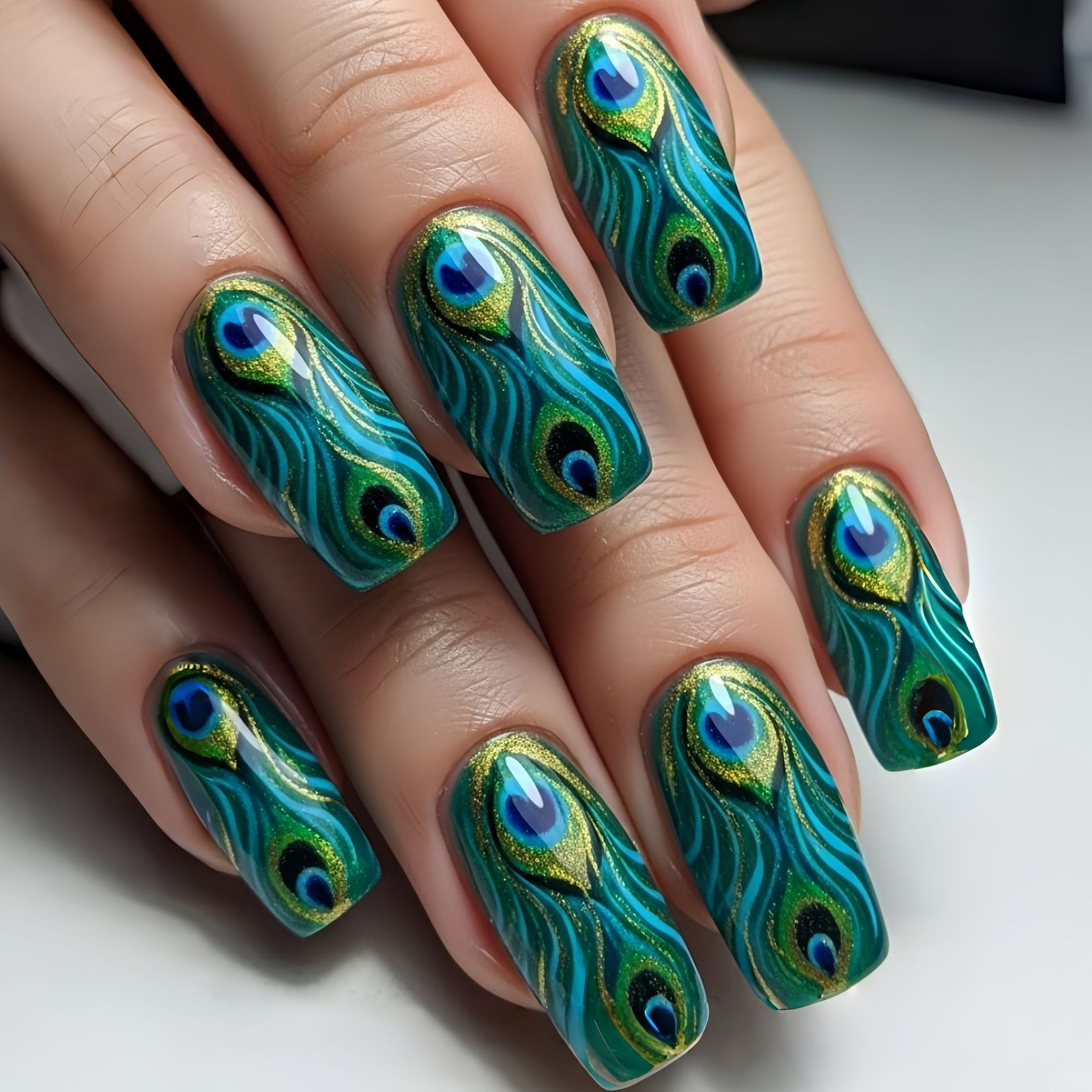 48Pcs Peacock Green Gold Press on Nails Feather Art Glossy Trendy Fake Nails