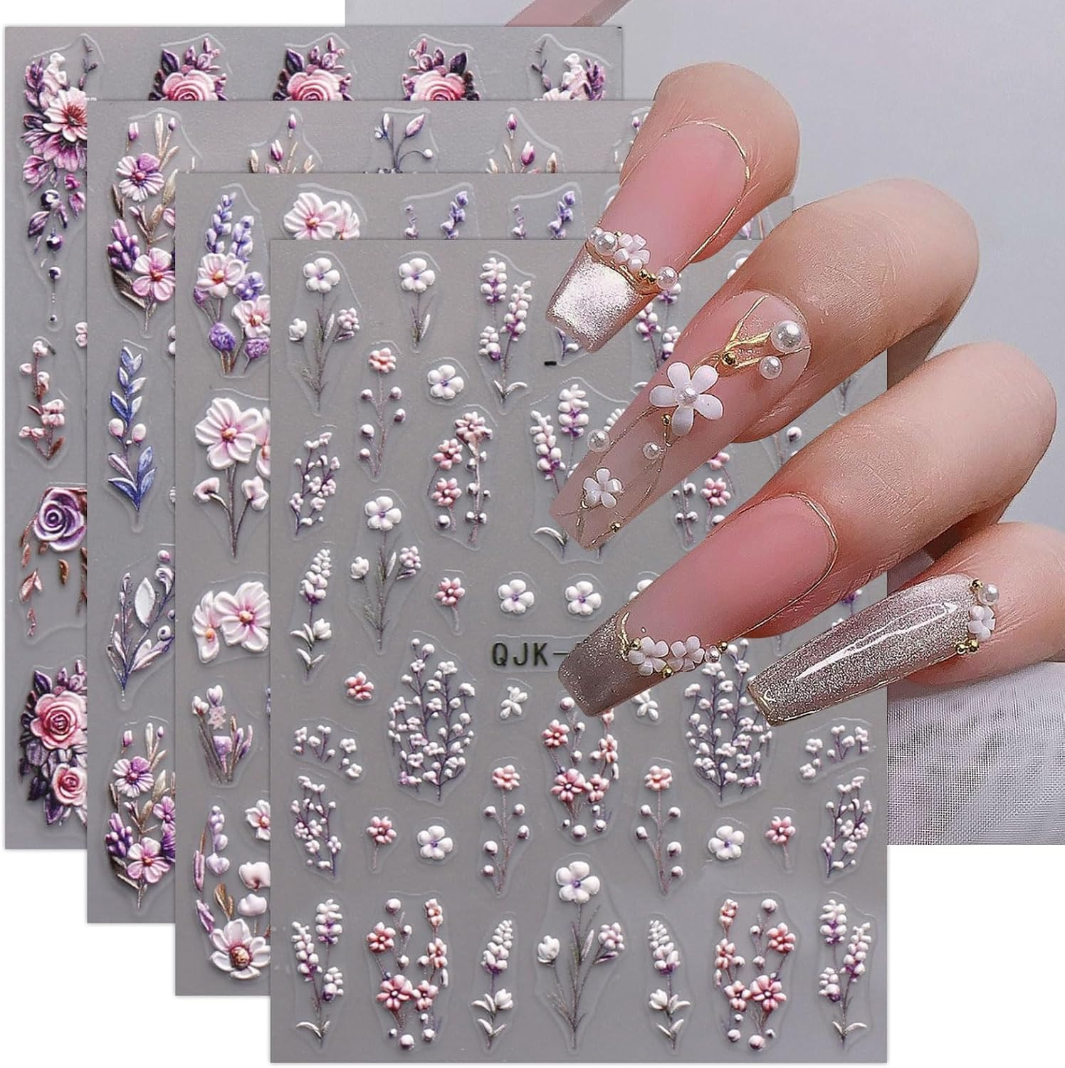3D Embossed Flower Nail Art Stickers Decals Self-Adhesive 5D Spring