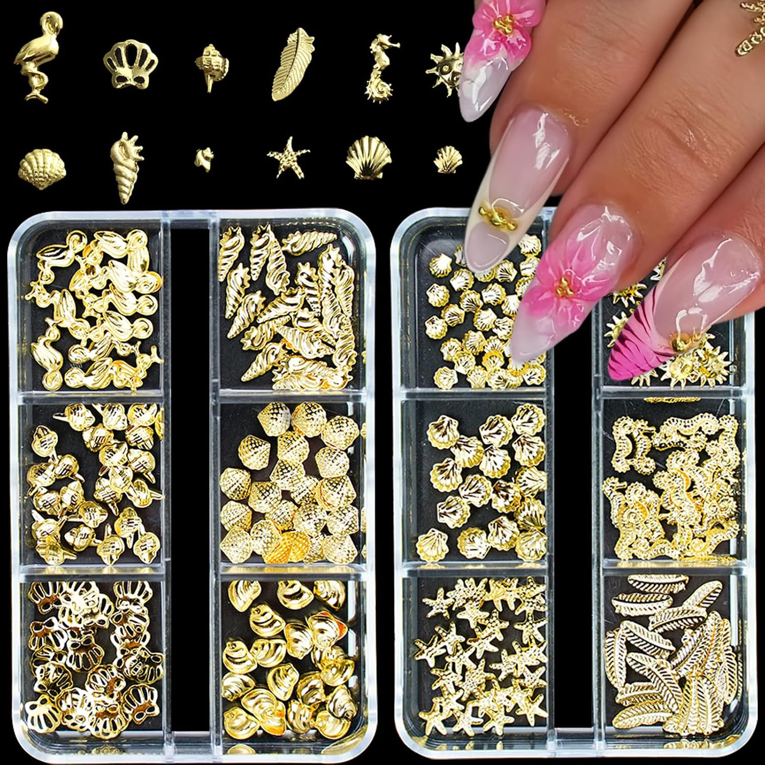 2Boxes Gold Summer Ocean Nail Charms and Gems Metal Small Seashell Starfish Seah