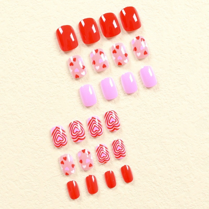 48 Pcs of Pink Purple Glossy Fake Nails with Red and White Heart-shaped Nail Art