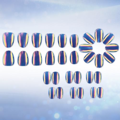 32Pcs Chrome Press on Nails Short Almond Fake Nails Blue Cat Eye False Style 3