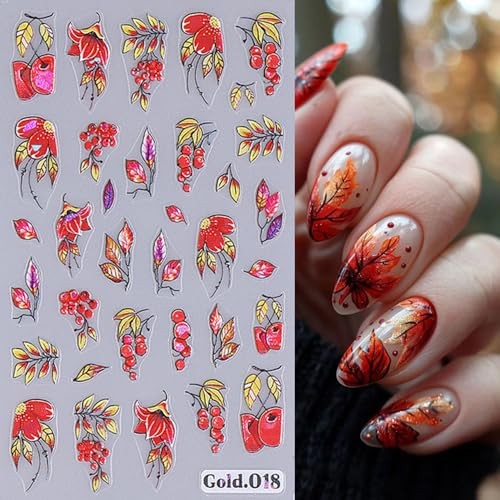Autumn Nail Art Stickers Fall Leaves Pumpkin Decals 3D Self 09.fall Leaves