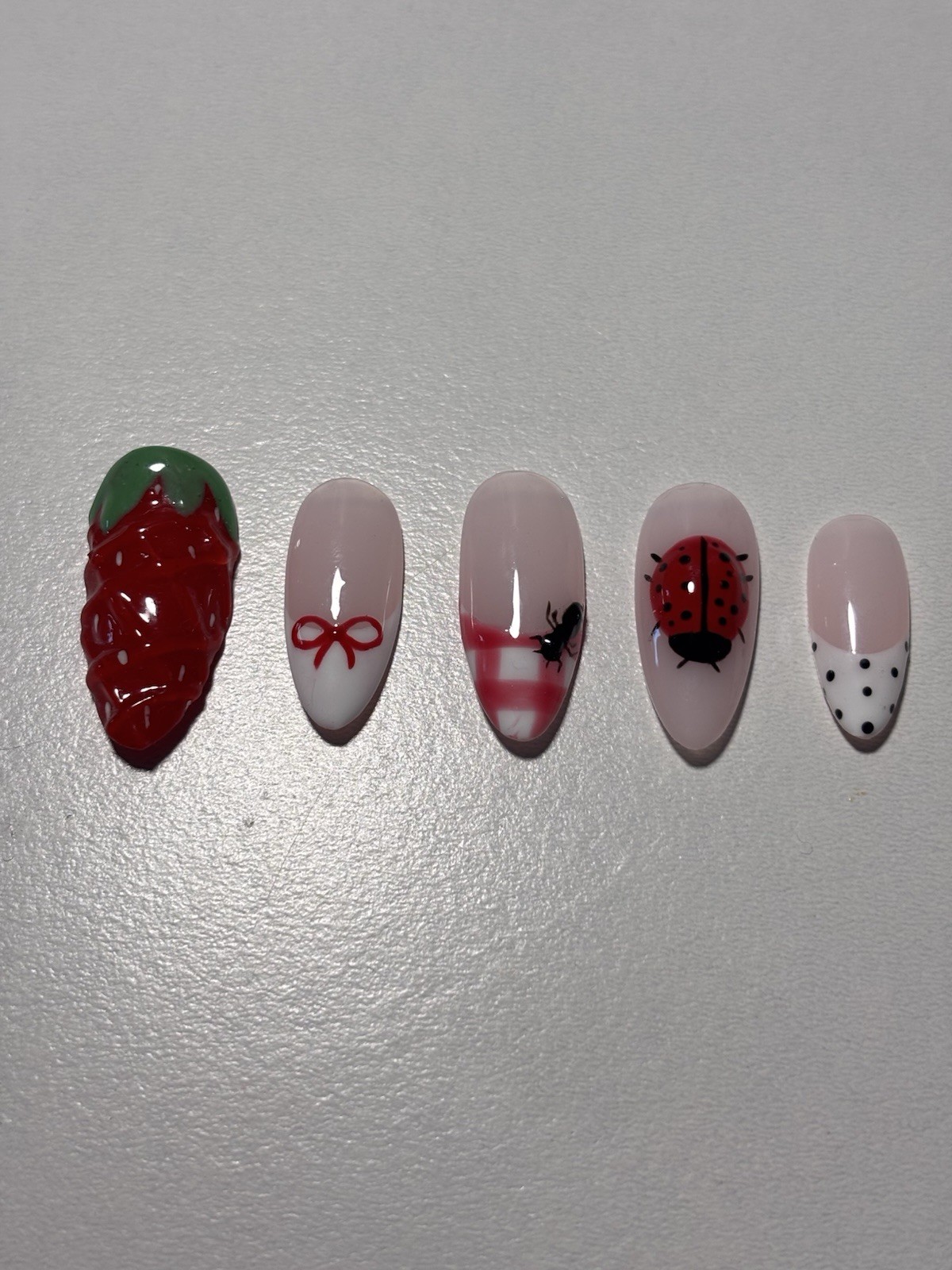 Strawberry Ladybug Bow 3D Press-On Nails hand made almond Medium Red Pink