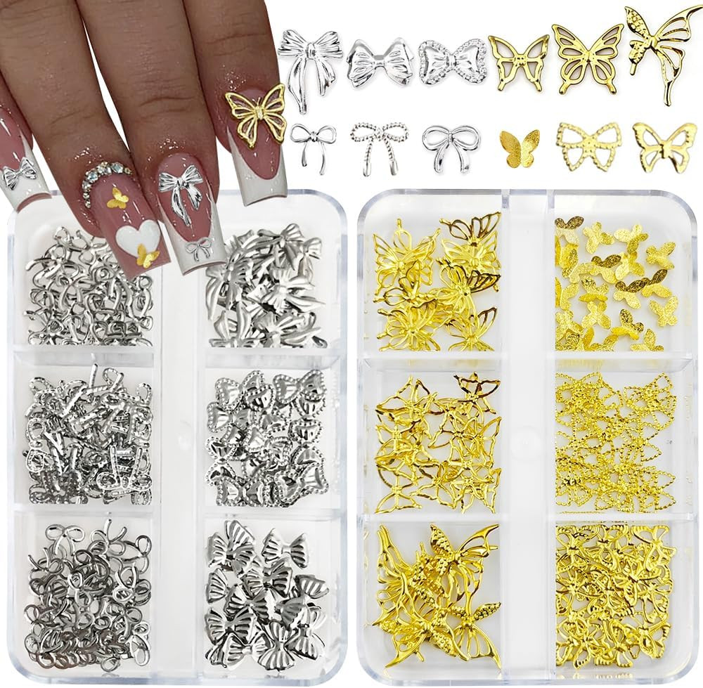 Nail Charms, 2Boxes Gold Silver Summer Ocean Nail Charms and Gems, Metal Small S