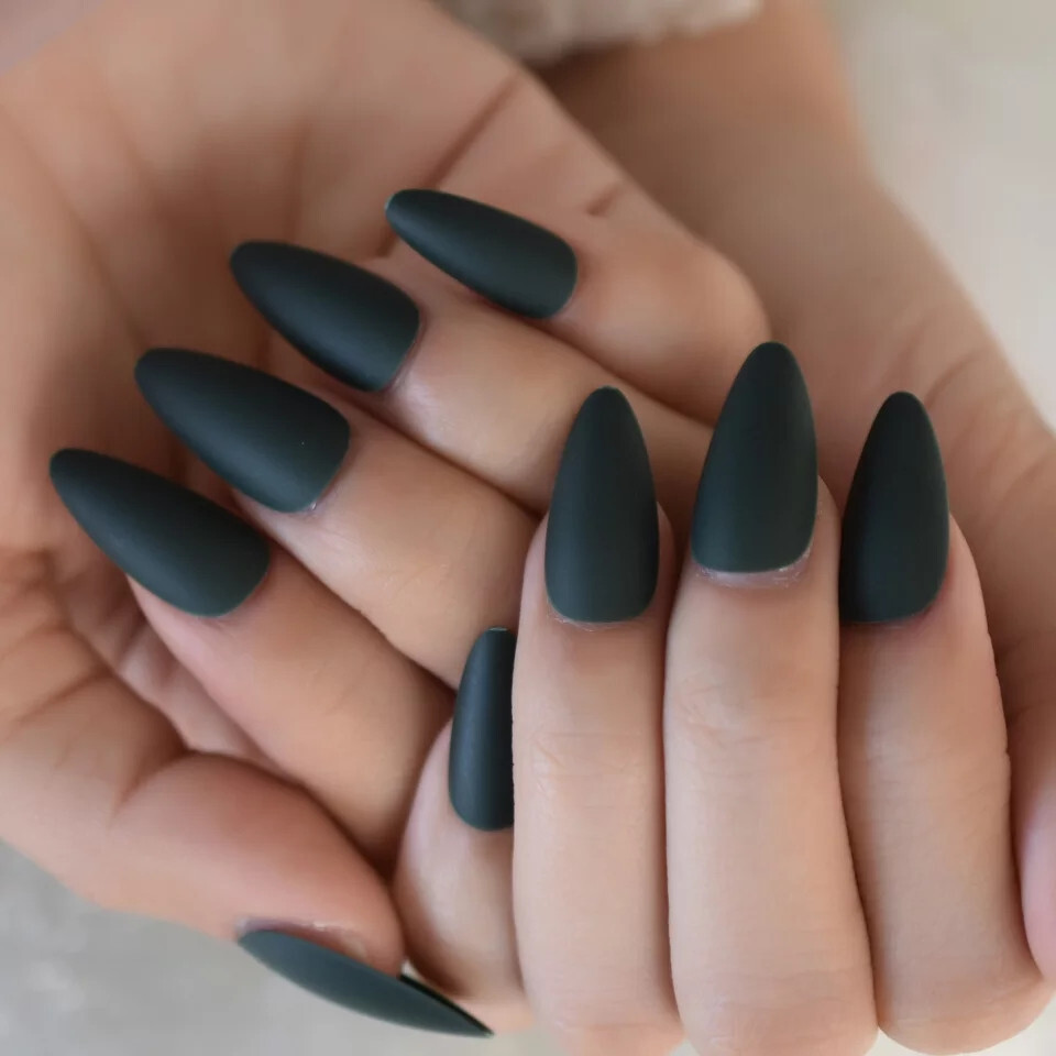 24 Medium Press on nails kit w glue Matte dark green winter