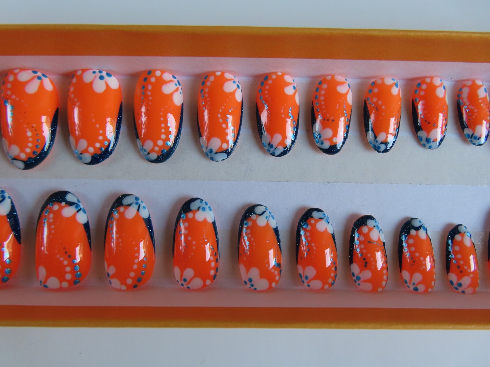 (2) Set Orange Blue White Flower Tip | Blue Silver Chrome Oval Press-On Nails