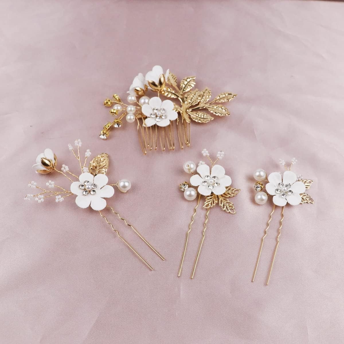 4 Pieces Wedding Flower Hair Pins Pearl Rhinestone 4 Count (Pack of 1), white