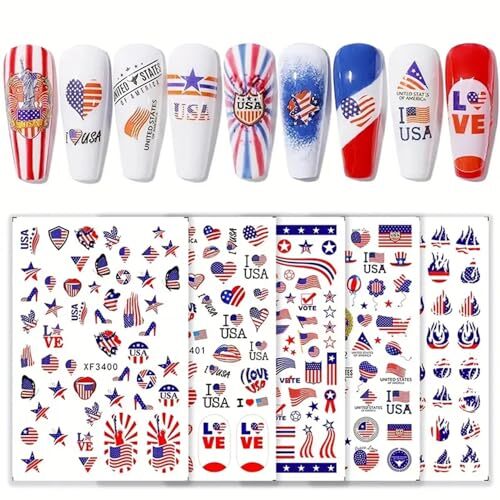 4th of July Nail Art Stickers, 8Sheets American Flag Patriotic Nail Decals