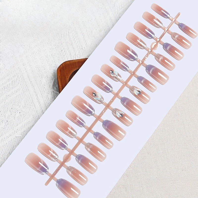 60pcs-Glitter Cat Eye Press on Nails, Almond Nude with Blue Sheen & Gem Details