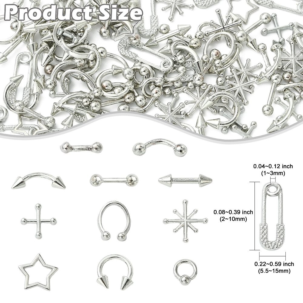 120pcs Belly Bars Nose Rings Cartilage Studs Cabochons for Manicures Nail Decor