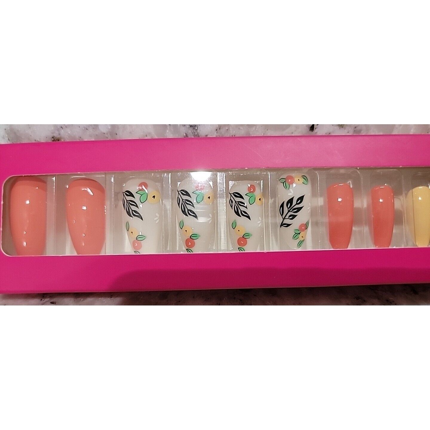 Tip Beauty Press On Nails Floral Botanical Peach Coral Long Almond Shape 24 NIB