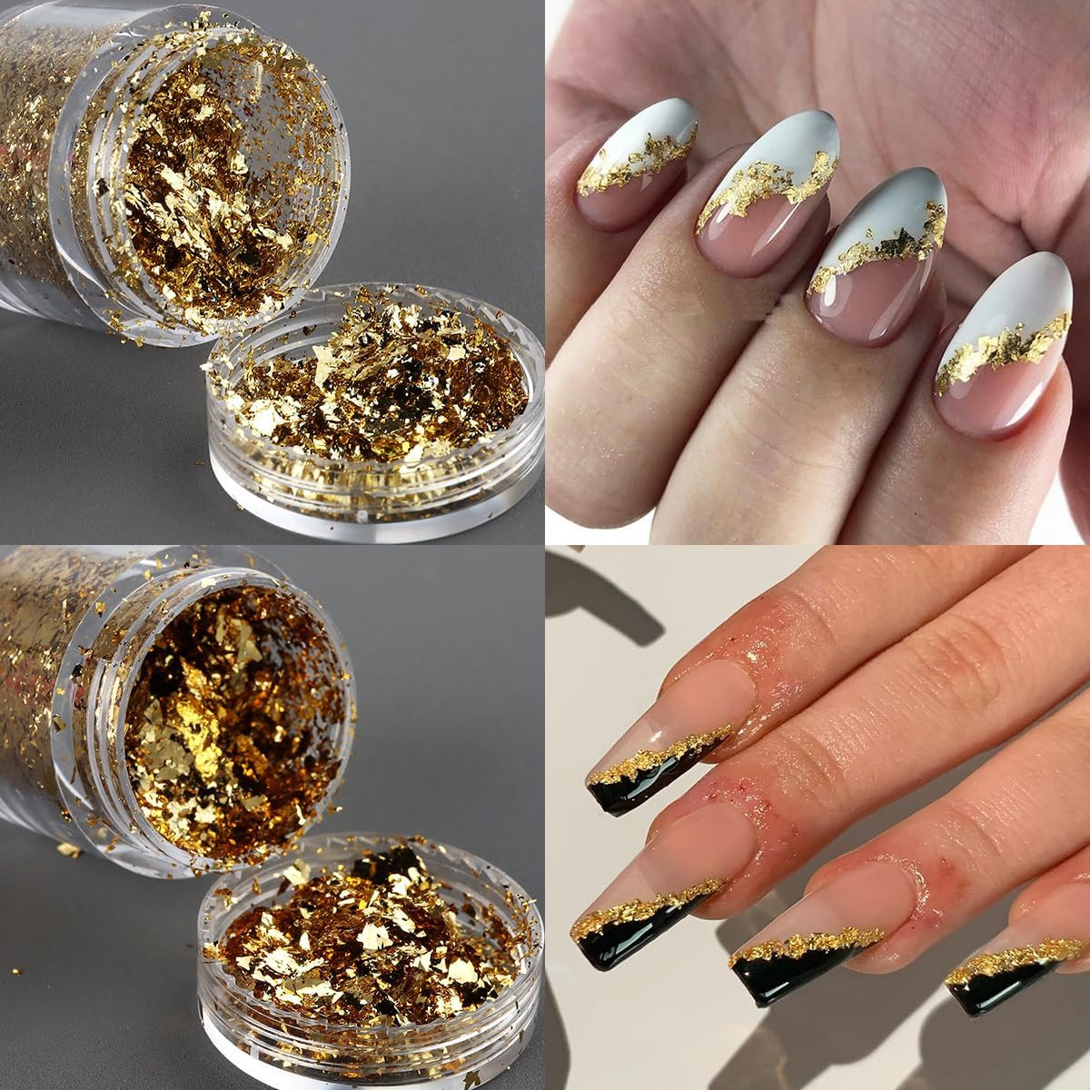 Gold Foil Flakes for Nail Art, 6 Bottles Irregular Silver Hot Pink Gold Leaf for